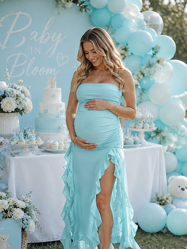 Momyknows Elegant Blue Bandeau Bodycon Falbala Baby Shower Maternity Maxi Dress - Blue - 1