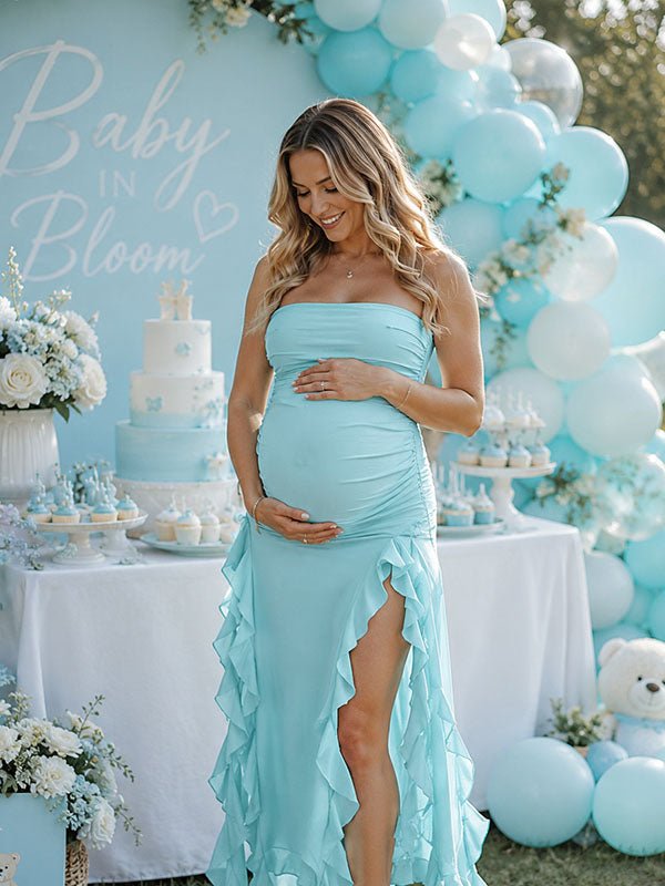 Momyknows Elegant Blue Bandeau Bodycon Falbala Baby Shower Maternity Maxi Dress - Blue - 2