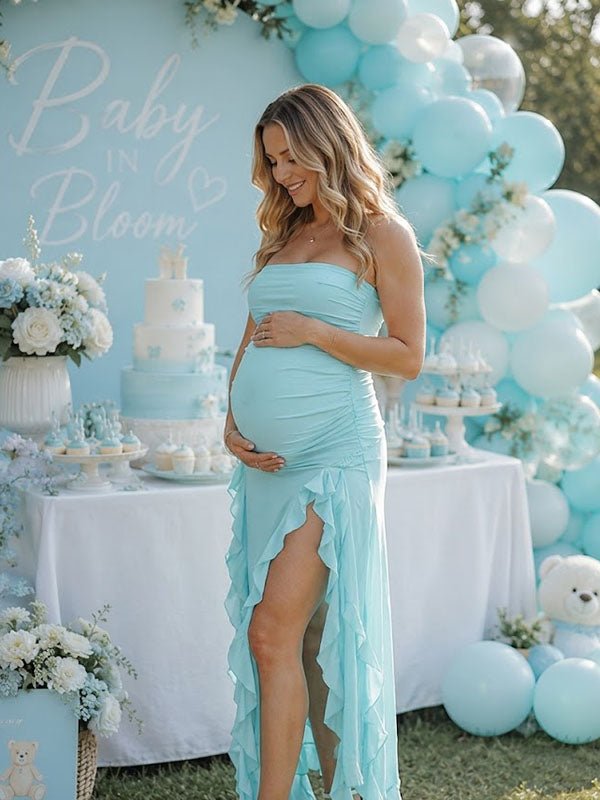 Momyknows Elegant Blue Bandeau Bodycon Falbala Baby Shower Maternity Maxi Dress - Blue - 3
