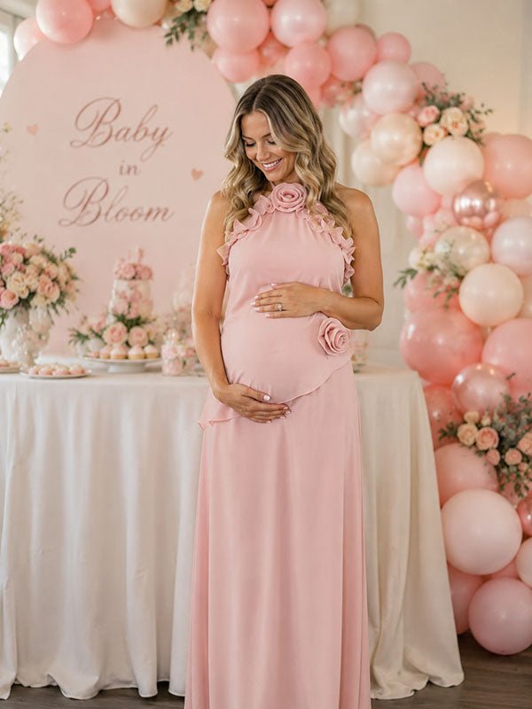Momyknows Pink Halter Neck 3D Flowers Side Slit Falbala Baby Shower Maternity Maxi Dress - Pink - 1