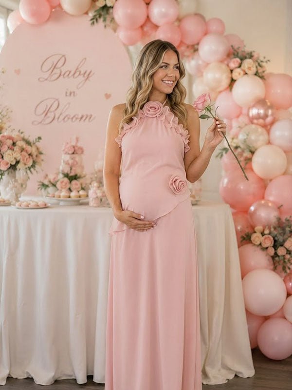 Momyknows Pink Halter Neck 3D Flowers Side Slit Falbala Baby Shower Maternity Maxi Dress - Pink - 2