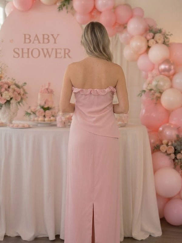 Momyknows Pink Halter Neck 3D Flowers Side Slit Falbala Baby Shower Maternity Maxi Dress - Pink - 3