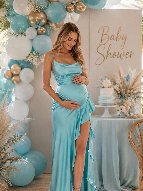 Momyknows Blue Spaghetti Straps Backless Falbala Lace-Up Baby Shower Maternity Maxi Dress - Blue - 1