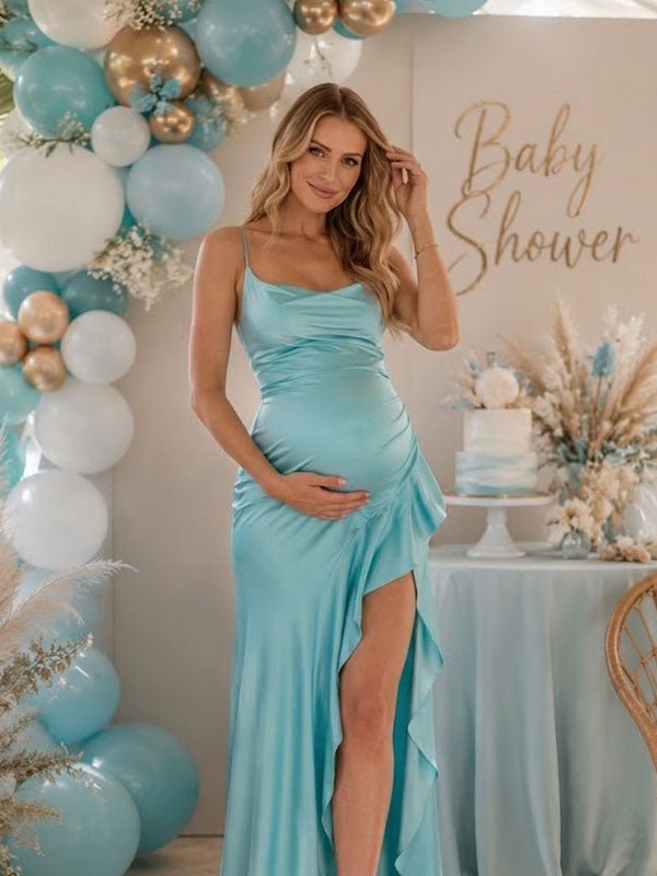Momyknows Blue Spaghetti Straps Backless Falbala Lace-Up Baby Shower Maternity Maxi Dress - Blue - 2