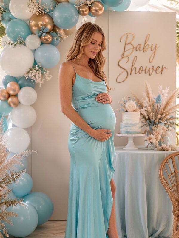 Momyknows Blue Spaghetti Straps Backless Falbala Lace-Up Baby Shower Maternity Maxi Dress - Blue - 3
