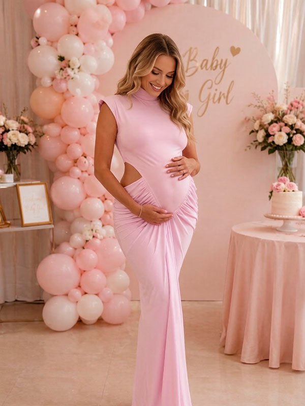 Momyknows Elegant Pink Bodycon Ruched Midriff Baby Shower Maternity Maxi Dress - Pink - 2
