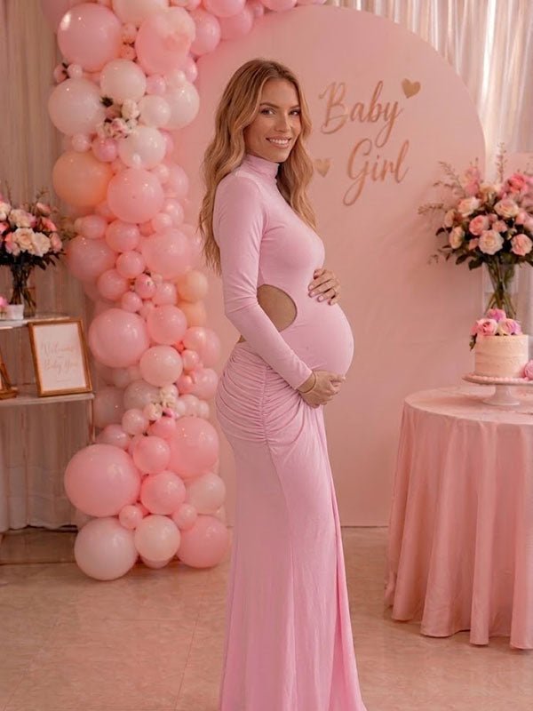 Momyknows Elegant Pink Bodycon Ruched Midriff Baby Shower Maternity Maxi Dress - Pink - 3