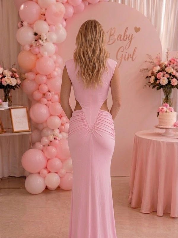 Momyknows Elegant Pink Bodycon Ruched Midriff Baby Shower Maternity Maxi Dress - Pink - 4