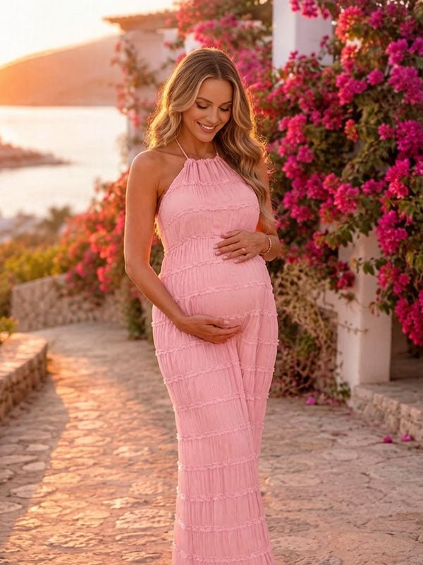 Momyknows Pink Bodycon Ruched Halter Neck Lace-Up Backless Vacation Maternity Maxi Dress - Pink - 2