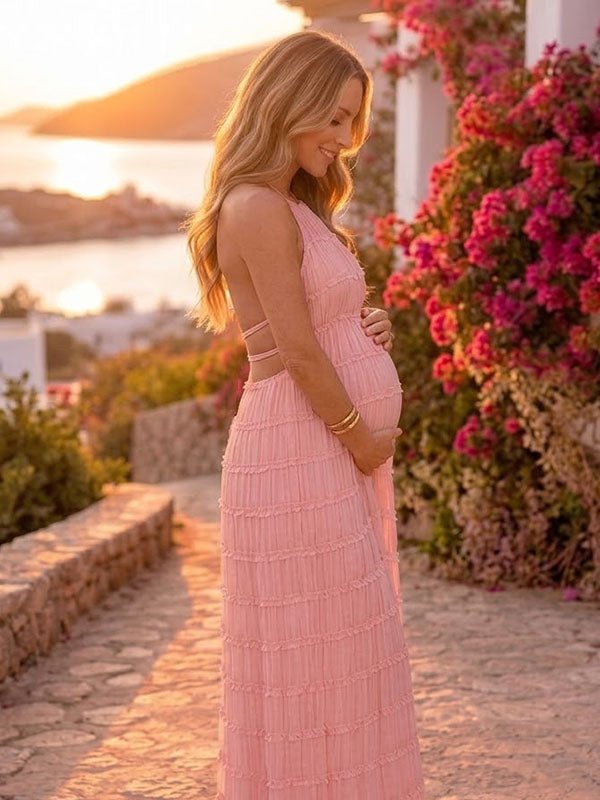 Momyknows Pink Bodycon Ruched Halter Neck Lace-Up Backless Vacation Maternity Maxi Dress - Pink - 3