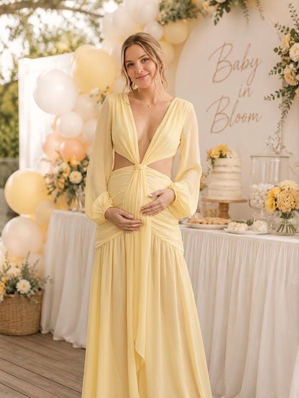 Momyknows Side Draped Backless Lace-Up Ruched Midriff Baby Shower Maternity Maxi Dress - Yellow - 1