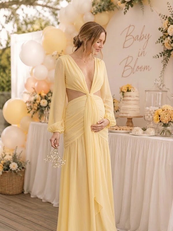 Momyknows Side Draped Backless Lace-Up Ruched Midriff Baby Shower Maternity Maxi Dress - Yellow - 2