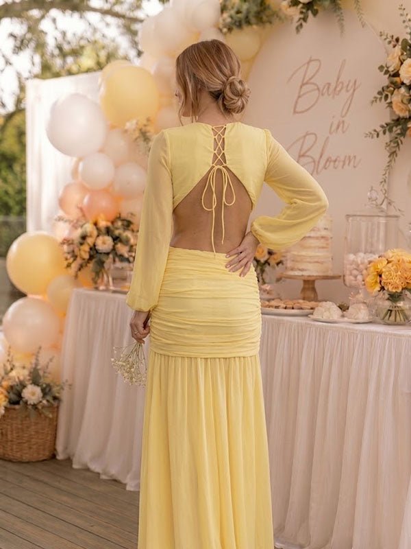Momyknows Side Draped Backless Lace-Up Ruched Midriff Baby Shower Maternity Maxi Dress - Yellow - 4