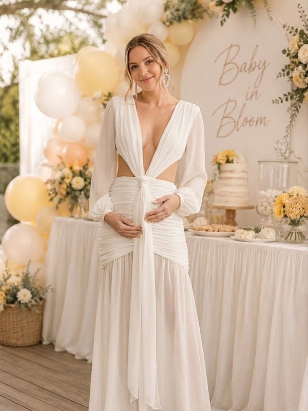 Momyknows Side Draped Backless Lace-Up Ruched Midriff Baby Shower Maternity Maxi Dress - White - 5