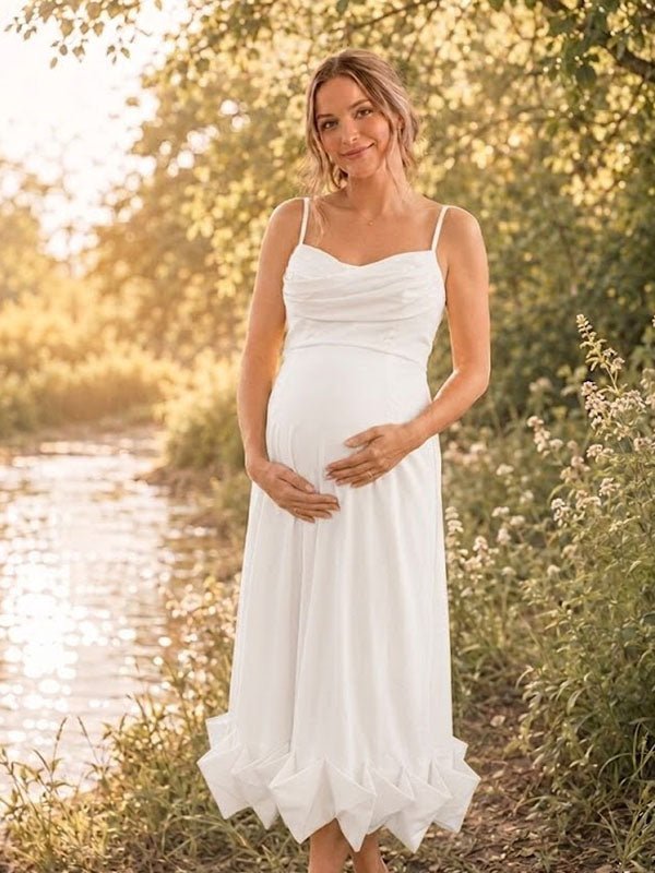 Momyknows Spaghetti Straps Bodycon Ruffle Vacation Maternity Maxi Dress - White - 1