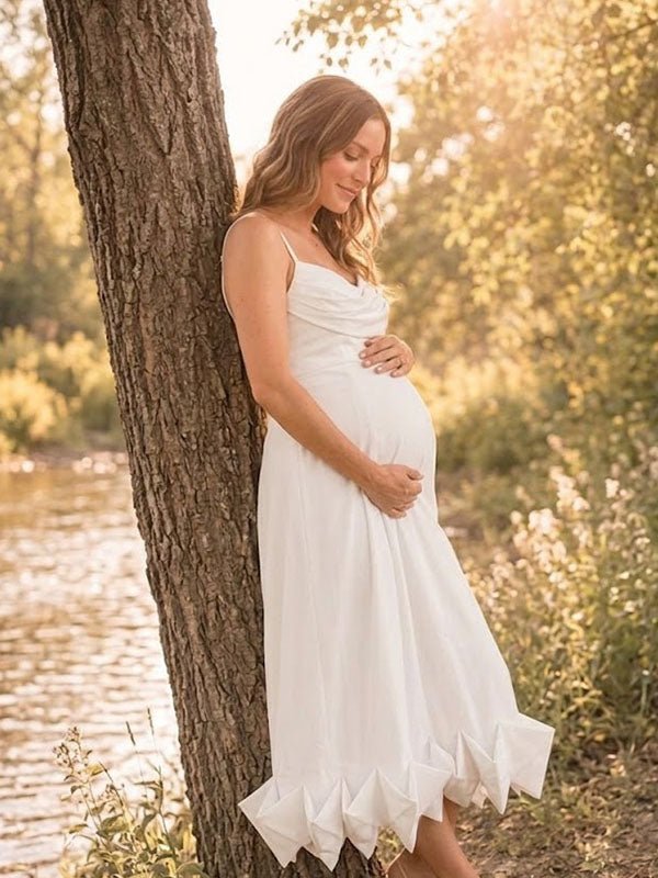 Momyknows Spaghetti Straps Bodycon Ruffle Vacation Maternity Maxi Dress - White - 2