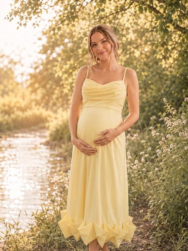 Momyknows Spaghetti Straps Bodycon Ruffle Vacation Maternity Maxi Dress - Yellow - 4
