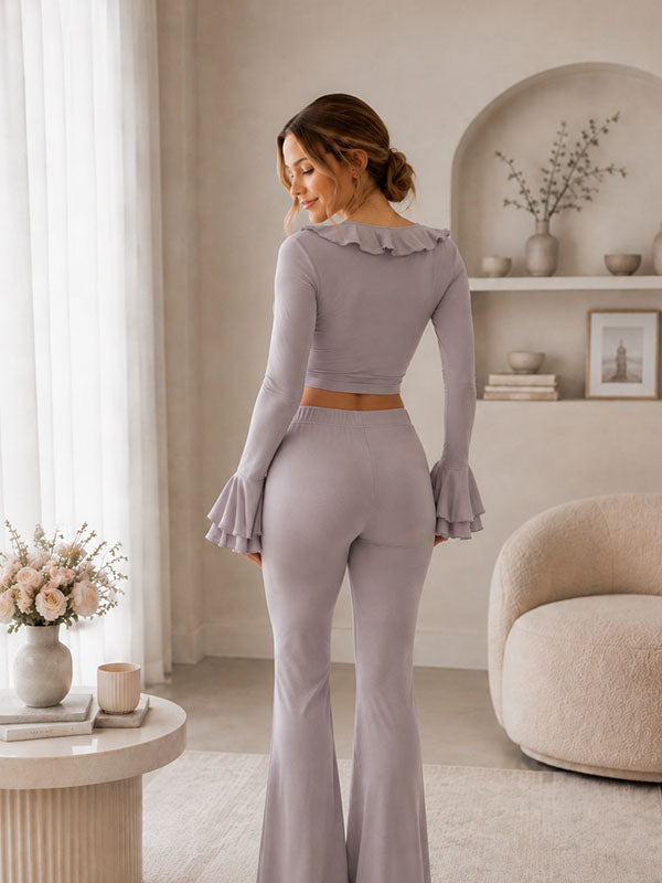 Light Purple Maternity 2-Piece Outfit with Falbala Trim Crop Top and Flare Sleeves Fitted Silhouette