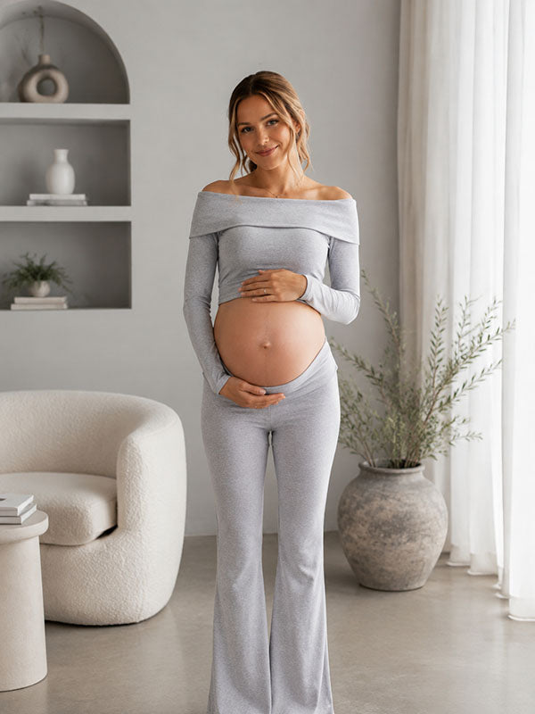Grey Maternity Top and Pant Set with Fold-Over Off-Shoulder and Flared Bodycon Fit, for Daily Leisure