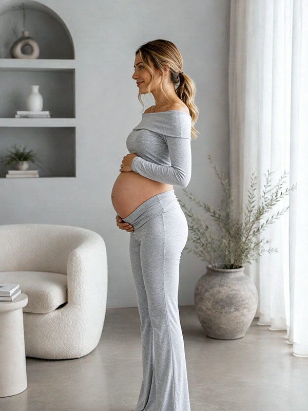 Grey Maternity Two-Piece Set with Off-The-Shoulder Crop Top Flared Bodycon Fit