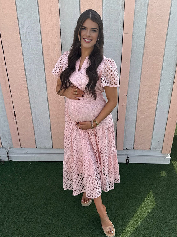 Momyknows Pink Hollow Out A-line V-neck Maternity Midi Dress