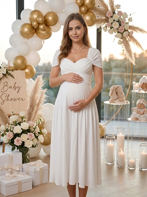 Momyknows White Cross Chest Bodice Ruched A-line Maternity Midi Dress