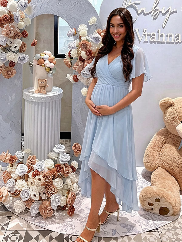Momyknows Chic Comfy Light Blue High Low Irregular Baby Shower Maternity Midi Dress