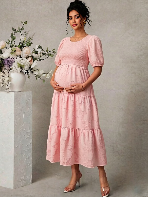 Momyknows Elegant Pink A-Line Ruffle Floral Baby Shower Maternity Midi Dress