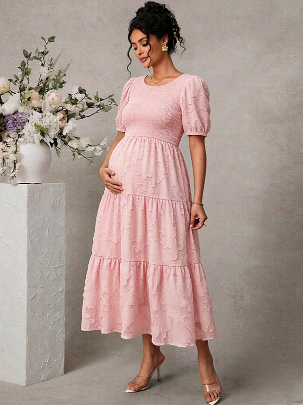 Momyknows Elegant Pink A-Line Ruffle Floral Baby Shower Maternity Midi Dress Momyknows Elegant Pink A-Line Ruffle Floral Baby Shower Maternity Midi Dress