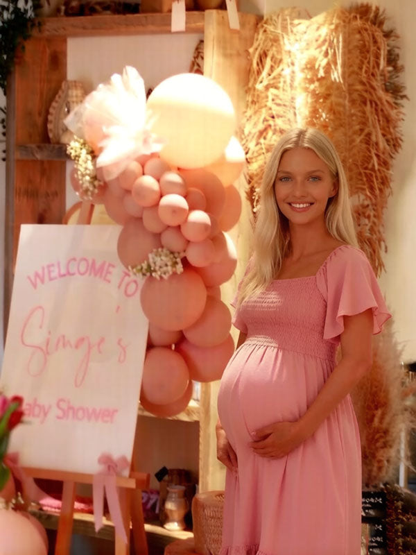 Momyknows Chic Pink Shirring A-Line Falbala Baby Shower Maternity Midi Dress