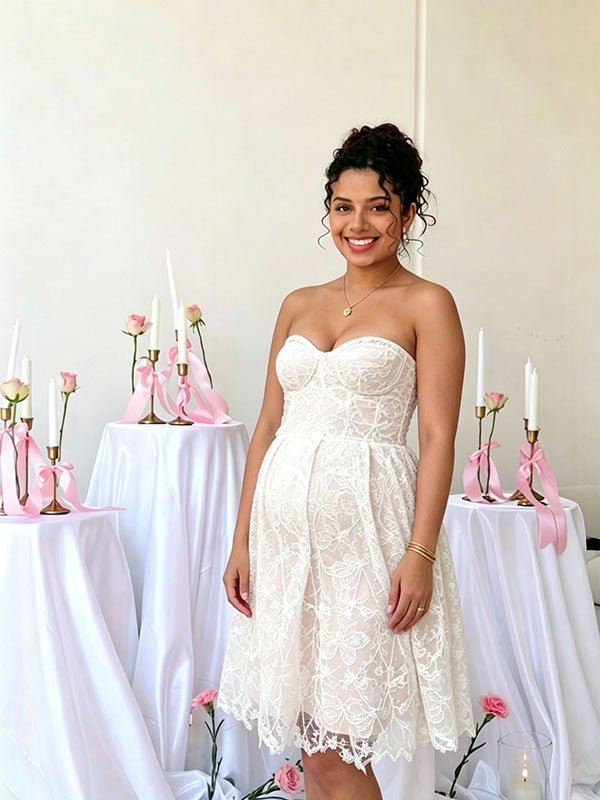 Momyknows Elegant White Floral Bandeau A-Line Grenadine Baby Shower Maternity Midi Dress