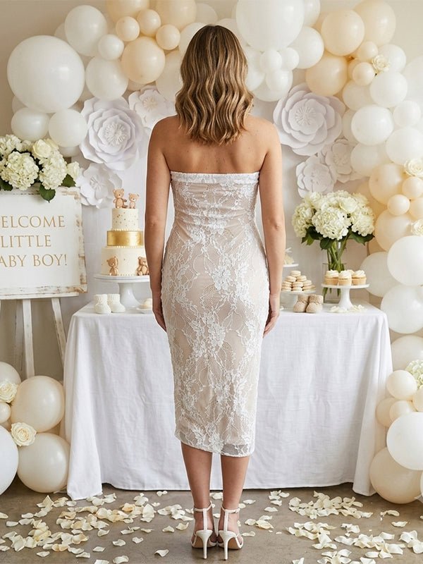 Momyknows Chic White Lace Bandeau Bodycon Knot Ruched Baby Shower Maternity Midi Dress