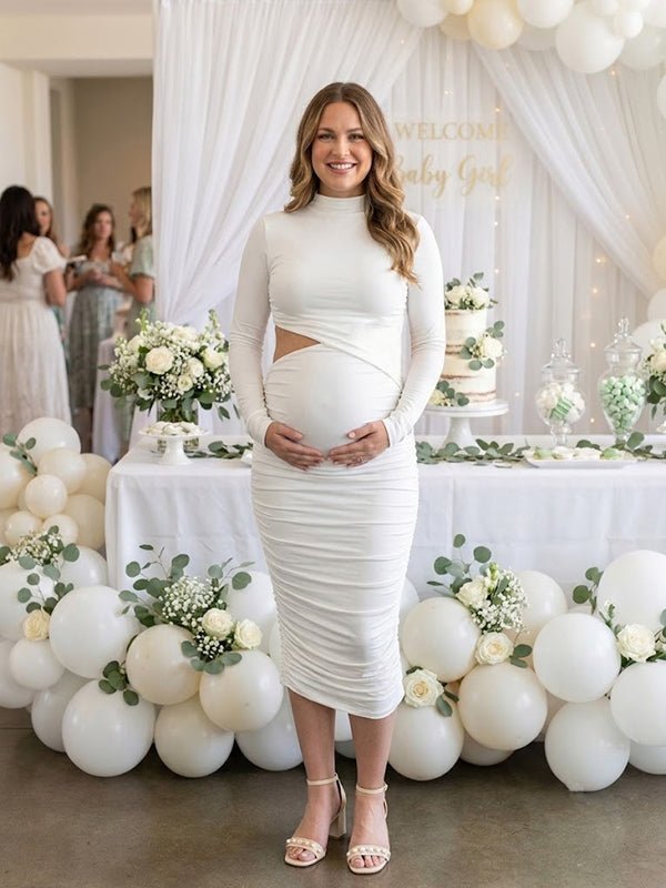 Momyknows Chic Bodycon Ruched Cut Out Baby Shower Maternity Mini Dress - White - 1