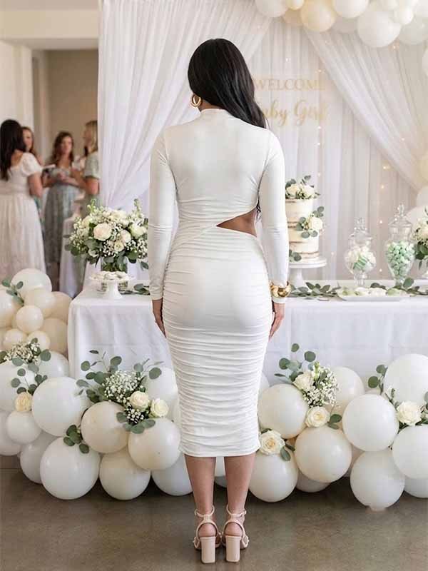 Momyknows Chic Bodycon Ruched Cut Out Baby Shower Maternity Mini Dress - White - 3
