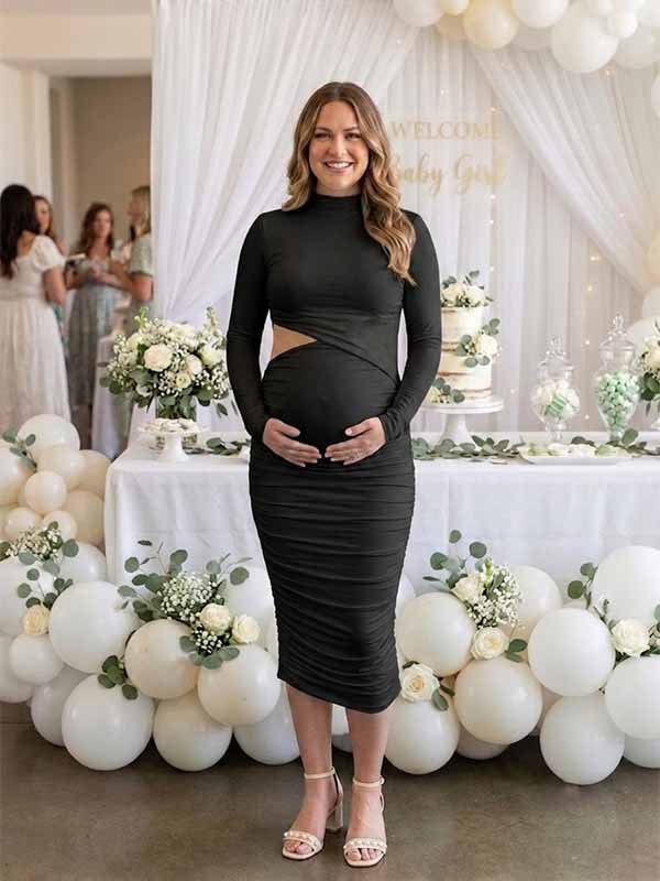 Momyknows Chic Bodycon Ruched Cut Out Baby Shower Maternity Mini Dress - Black - 4