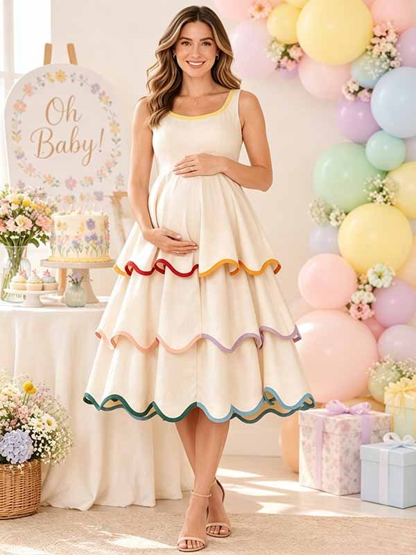 Momyknows Chic Layers Of Falbala Wavy Edge Color Blocking Outline Tiered Baby Shower Maternity Midi Dress - White - 1