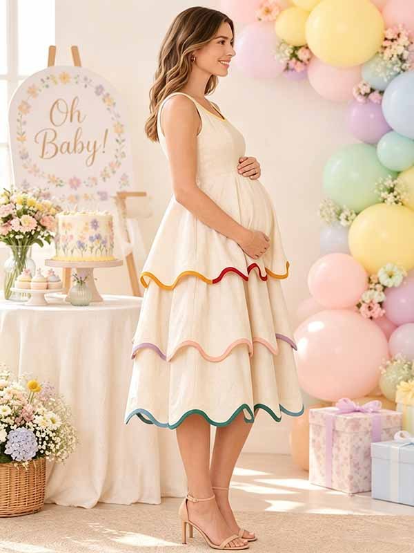 Momyknows Chic Layers Of Falbala Wavy Edge Color Blocking Outline Tiered Baby Shower Maternity Midi Dress - White - 2