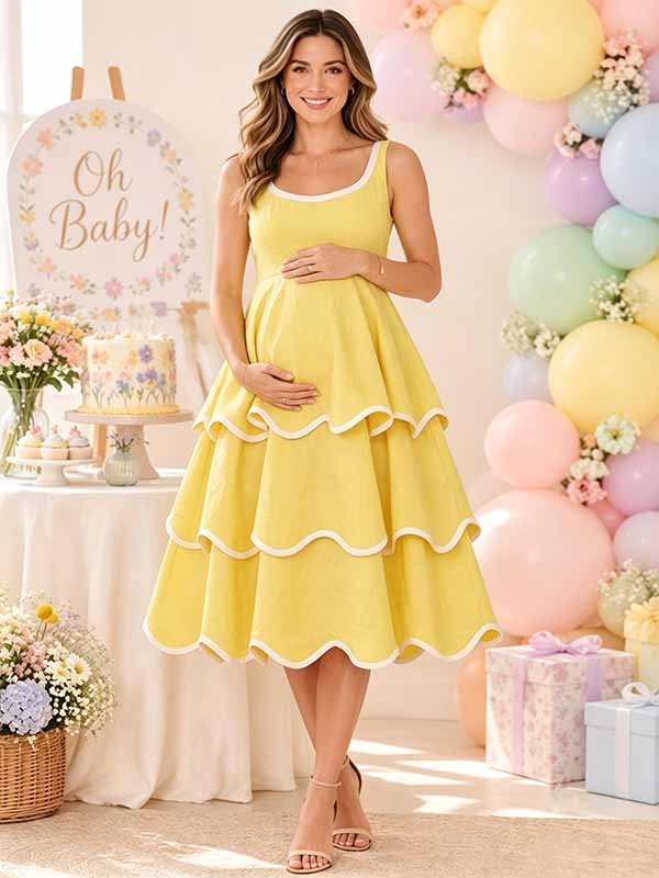 Momyknows Chic Layers Of Falbala Wavy Edge Color Blocking Outline Tiered Baby Shower Maternity Midi Dress - Yellow - 3