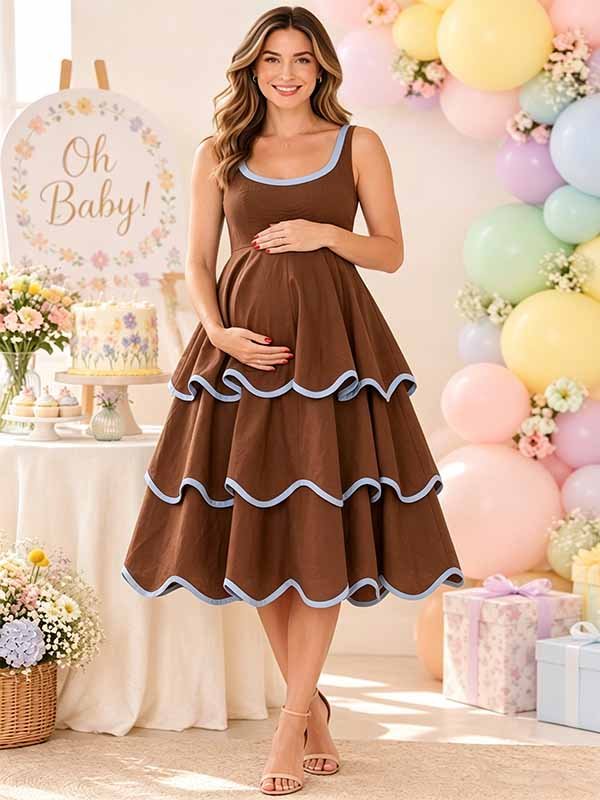 Momyknows Chic Layers Of Falbala Wavy Edge Color Blocking Outline Tiered Baby Shower Maternity Midi Dress - Brown - 4