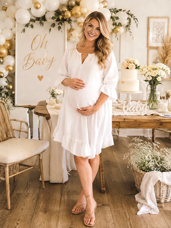 Momyknows White Chic Falbala Irregular Baby Shower Maternity Midi Dress - White - 1
