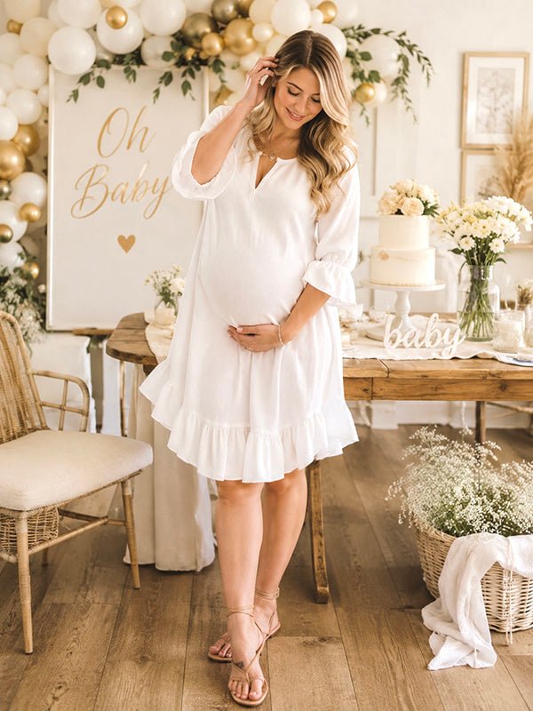 Momyknows White Chic Falbala Irregular Baby Shower Maternity Midi Dress - White - 2