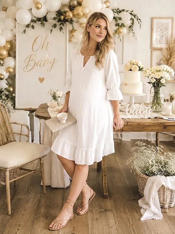 Momyknows White Chic Falbala Irregular Baby Shower Maternity Midi Dress - White - 3