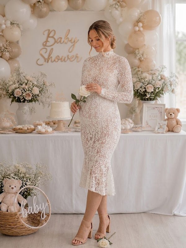 Momyknows Elegant White Bodycon Lace Mermaid Baby Shower Maternity Midi Dress - White - 2