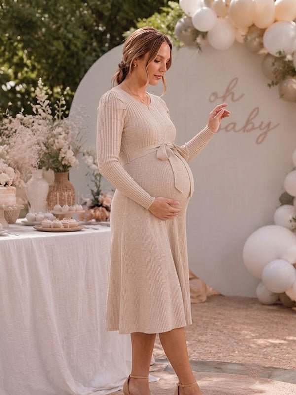 Momyknows Elegant Beige A-Line Lace-Up Crochet Baby Shower Maternity Midi Dress - Beige - 2