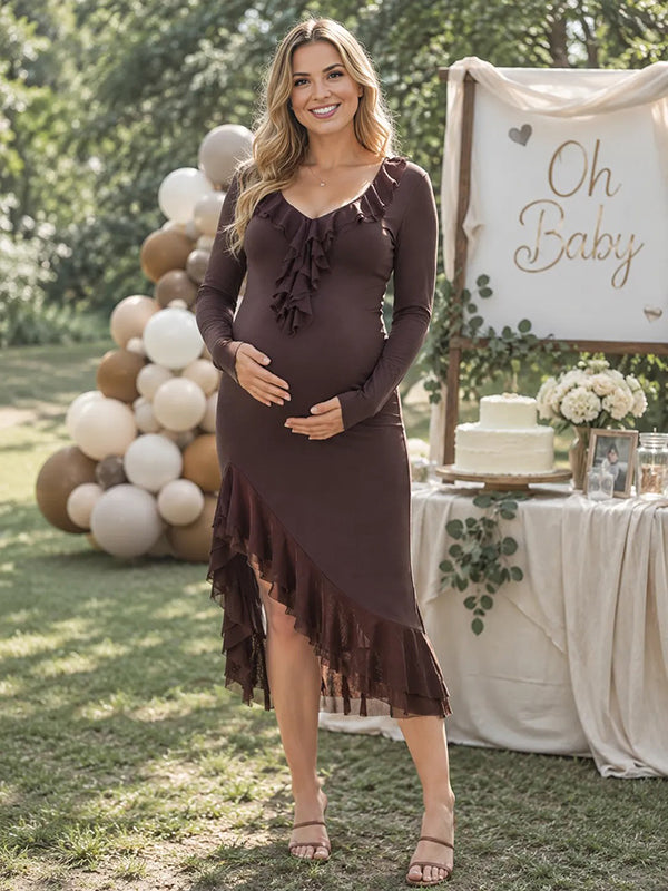 Brown Falbala Maternity Midi Dress with Irregular Hem and Bodycon Fit, Baby Shower Occasion