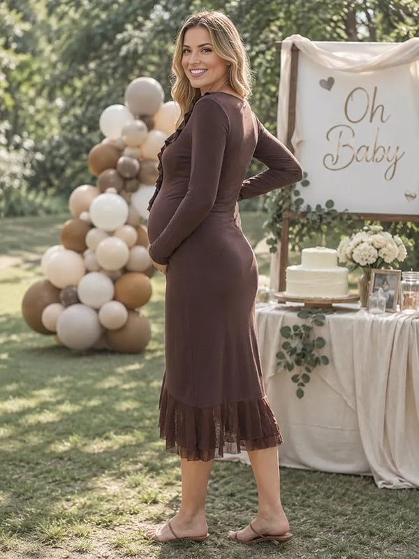 Brown Falbala Maternity Midi Dress with Irregular Hem Bodycon Fit