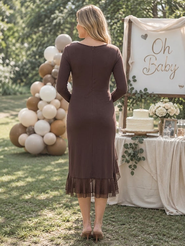 Brown Falbala Maternity Midi Dress with Falbala Detail