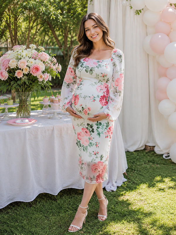 White Floral Maternity Maxi Dress with Mesh Accents and Bodycon Fit, Baby Shower
