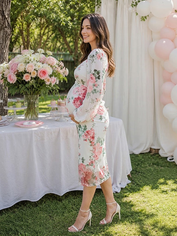 White Floral Maternity Maxi Dress with Mesh Accents Bodycon Fit
