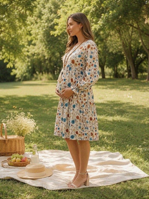 Apricot Floral Vacation Maternity Midi Dress with Boho Style Dacron